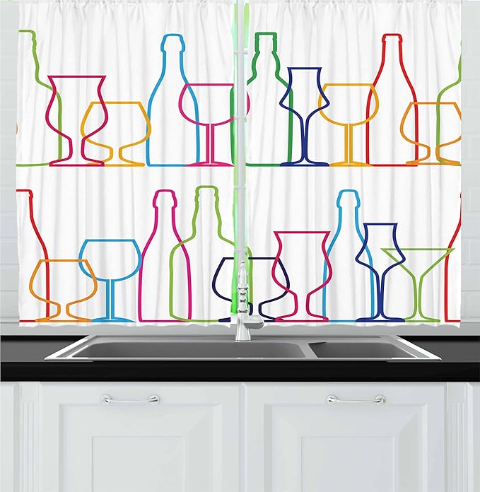 Ambesonne Wine Kitchen Curtains, Colorful Outline Bottles and Glasses Bar Party Drink Cocktails Modern Fun Pattern, Window Drapes 2 Panel Set for Kitchen Cafe Decor, 55" x 30", Pink Green