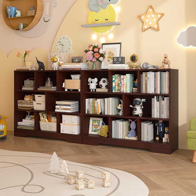 Book Shelf Set of 2, 8 Cubes Storage Organizer, 3-Tier Open Shelf Wooden Bookcase, Freestanding Cherry Bookshelf Cube Shelf for Bedroom, Living Room, Home Office