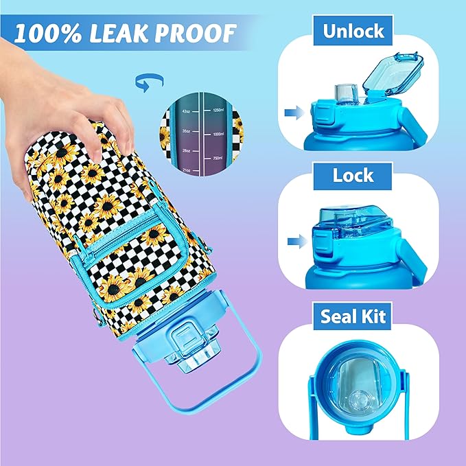 64 oz Water Bottle with Straw Sleeve & Strap Motivational Half Gallon Water Jug with Handle for Gym Women Men Aesthetic Water Bottle with Strap Sunflower