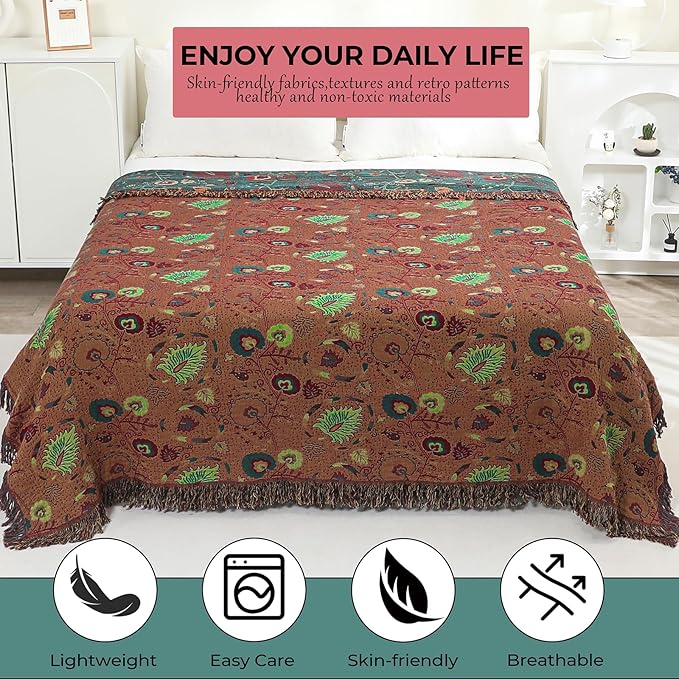 Boho Throw Blanket for Bed,100% Ultra Cotton Soft Breathable Bed Throw Floral Printed Farmhouse Decor Rustic Bed Throws for Couch Sofa Quilt 60" x 80"