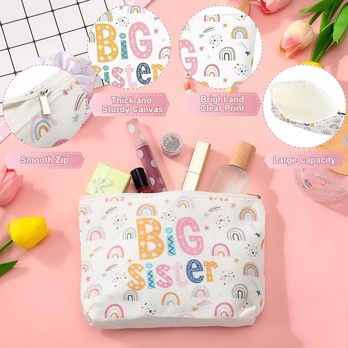 4 Pcs Big Sister Gifts for Girls Cute Big Sister 16oz Glass Tumbler Cup Makeup Bag Sister Bracelet and Scrunchies Best Sister Gift for Little Girls of New Baby Birthday Baby Shower