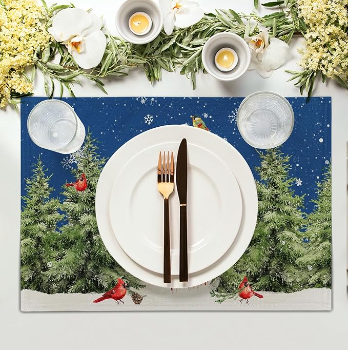 Blue Snowman Christmas Placemats Set of 4 Xmas Tree Cardinal Snowflakes Linen Table Mats Seasonal Winter Holiday Place Mats Washable Placemat for Party Kitchen Dining Outdoor Indoor Decor