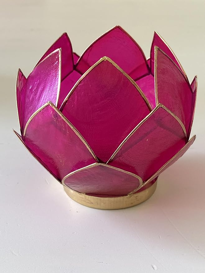 Blooming Lotus Capiz Shell Tealight Candle Holder, Handcrafted Decorative Tea Light Candleholder with Translucent Flower Petals for Ambient Illumination and Natural Elegance, Fuchsia
