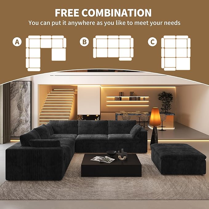 118" 6-Seater Cloud Sofa,Modular Sectional Couch with Ottoman,Modern Deep Seat Upholstered Couches with Corduroy Fabric for Living Room Furniture,Bedroom and Apartment,No Assembly Required,Black