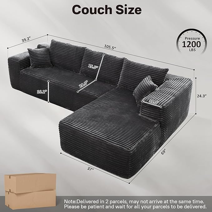 106" Cloud Sectional Couches for Living Room,Plush Corduroy Boneless Couch with Comfy Chaise,L Shaped Sofa in A Box No Assembly Require,Grey