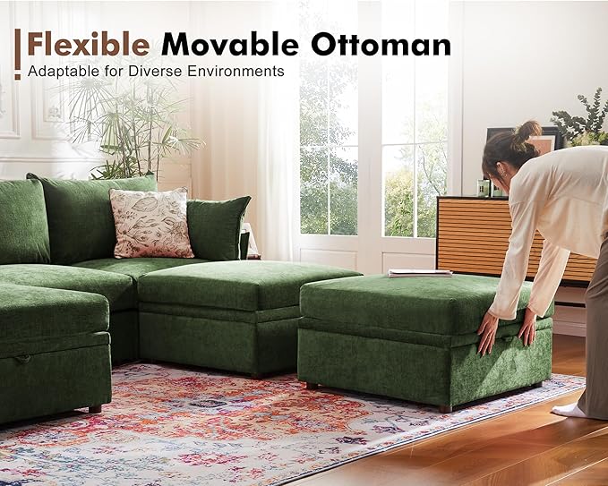 134.6" Luxury Modular Sectional Convertible Sofa with Storage Ottoman, L-Shape 5-Seat Oversized Comfy Couch Deep Seat with Reversible Chaise - Chenille Green