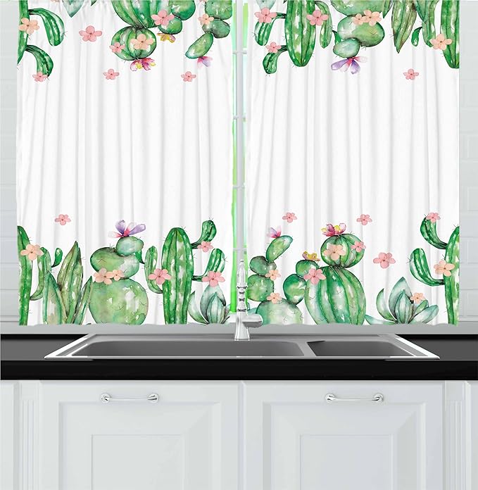 Ambesonne Cactus Kitchen Curtains, Mexico Style Romantic Tender Blossoms and Barren Heath Natural Vegetation, Window Drapes 2 Panel Set for Kitchen Cafe Decor, 55" x 24", Green Coral