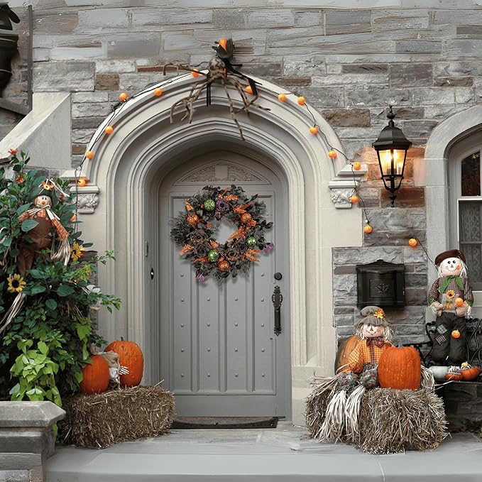 22 Inch Halloween Wreath for Front Door, Spooky Black & Purple Glitter Rose Wreath with Bats & Ornaments, Outdoor Halloween Decorations