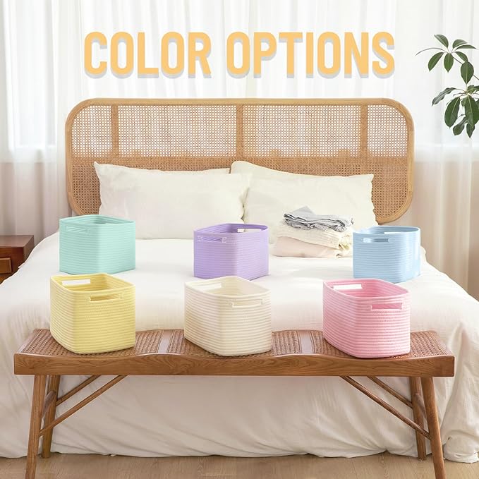 4 Pack Storage Baskets for Organizing Toys, Towels, and Clothes, Woven Basket for Shelves, Sturdy Nursery Cube Bins for Storage, 13''L x9''W x7.8''H, White