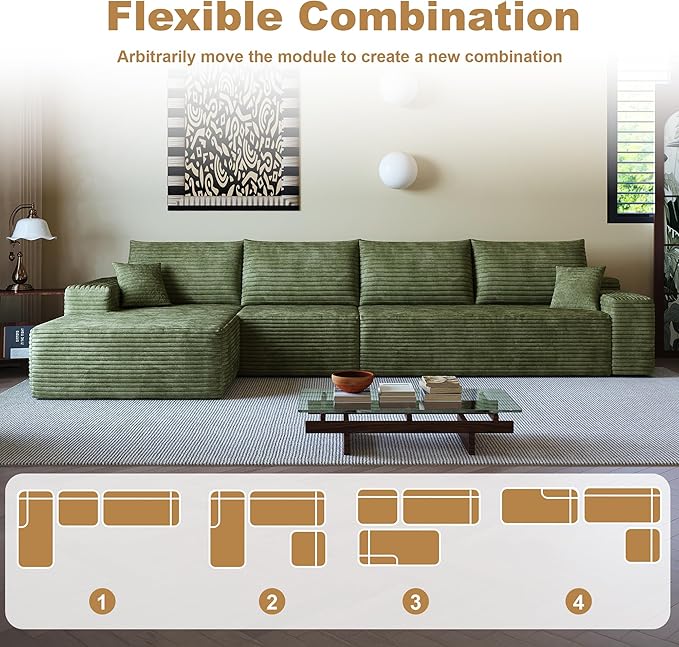 108" Sectional Couches for Living Room Modern Modular Sofa with L-Shape Couchs Upholstered Boneless Couch Deep Seat Sectional Couch with Chaise (Green, Left Facing Chaise+3Seaters)