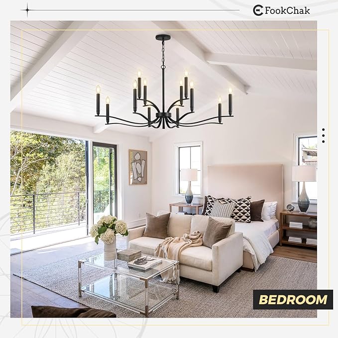 Black Living Room Chandelier 12 Light Hight Ceiling Foyer Candle Chandelier Large Dining Room Light Fixture Over Table 44in Metal Modern Chandeliers Hanging Light for Entry Master Bedroom