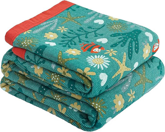 Boho Throw Blanket, 100% Organic Cotton Skin-Friendly Breathable Ultra Soft Bed Quilt Throw - All Season Blue & Red FishFarmhouse Decor Blanket for Sofa Couch Chair and Gift. 60" x 80"