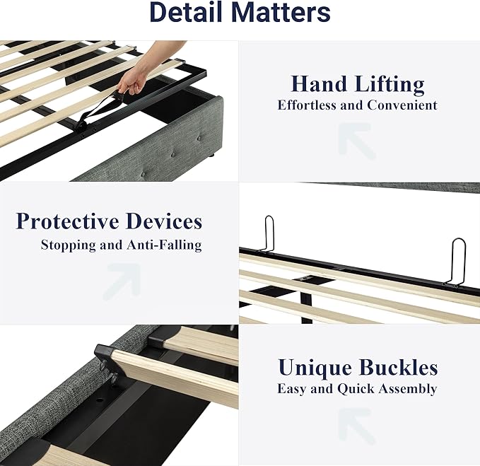 Allewie King Size Lift Up Storage Bed, Button Tufted Headboard with Wingback, Hydraulic Support, No Box Spring Needed, Dark Grey