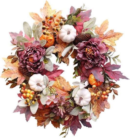 20Inch Fall Wreaths for Front Door,Fall Wreath,Fall Decorations for Home,Autumn Wreaths with White Pumpkins Peony Pine Cones, Fall Door Wreath for Thanksgiving Halloween Indoor Outdoor Decor