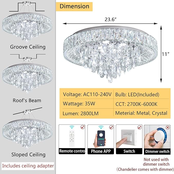 23.6'' Modern Crystal Chandeliers LED Dimmable Flush Mount Ceiling Chandeliers for Living Room Entrance Foyer Bedroom Silver