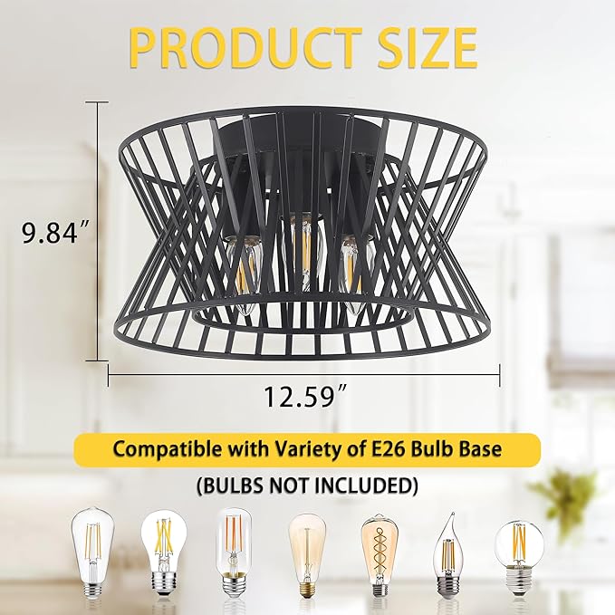 3-Lights Black Ceiling Light Vintage Geometric Chandelier Light Fixture Adjustable Metal Semi Flush Mount Lighting for Kitchen Room Dining Room Foyer