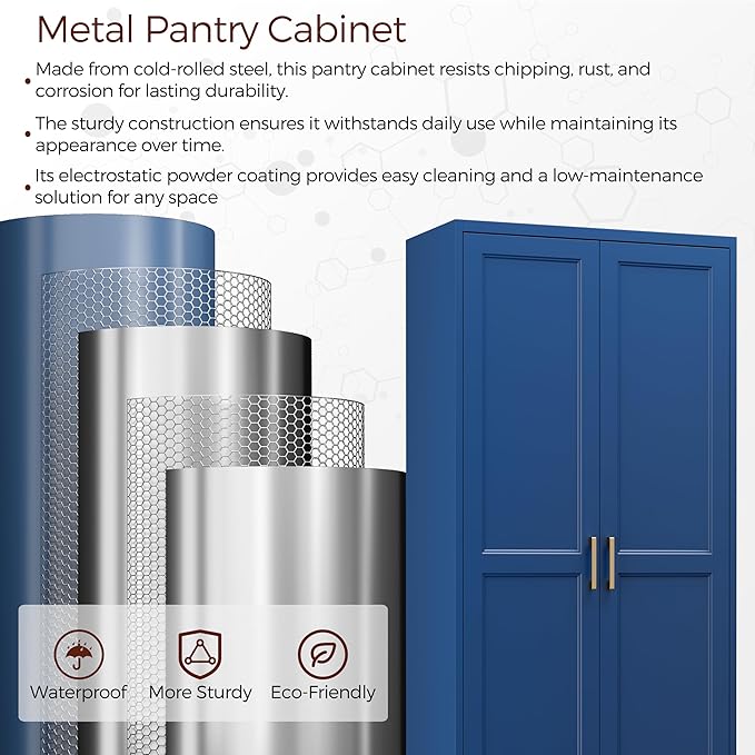 71" Metal Pantry Cabinet, Tall Kitchen Pantry Storage Cabinet with 4 Adjustable Shelves and Gold Handles, Blue Cupboard for Kitchen, Dining Room, Living Room