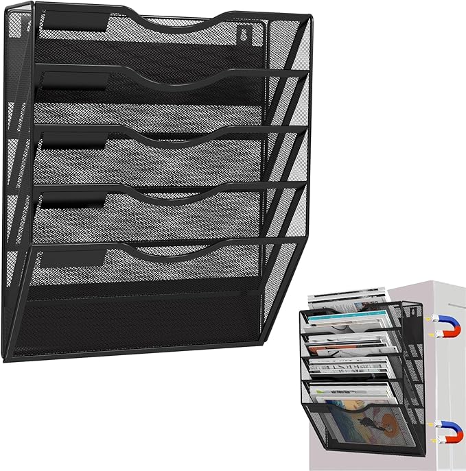 5-Tier Magnetic File Holder, No Drilling Installation File Cabinet Organizer, Black Magnetic File Organizer, Magazine Rack, Magnetic Paper Holder for Refrigerator, File Cabinets, Whiteboard