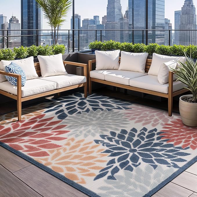 Beverly Rug Outdoor Rug 8x10 Modern Floral Tropical Area Rugs for Indoor and Outdoor Patio Easy to Clean Non Shedding Living Room Porch Garden Washable Outside Carpet (8 x 10 Multicolor)