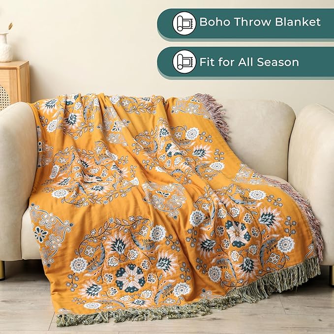 Boho Throw Blanket for Bed,100% Cotton Ultra Soft Lightweight Muslin 4-Layer Breathable Woven Throws 80''x 90'' Blanket Yellow Floral Printed Farmhouse Decor Bed Blankets