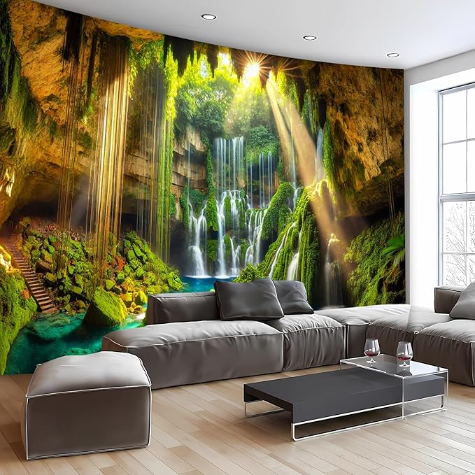 BSFHH Nature Tapestry Forest Tree Sea Cave Wall Hanging, Stream Through Rainforest Landscape Wall Art Tapestry for Bedroom Living room (Cave Waterfall, 110" × 87", Unframed)