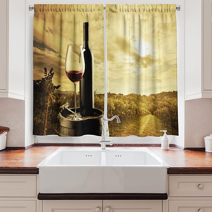 Ambesonne Wine Kitchen Curtains, Red Wine Bottle and Glass on Wooden Cask Dramatic Sky Agriculture, Window Drapes 2 Panel Set for Kitchen Cafe Decor, 55" x 39", Coffee Black