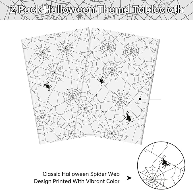 2 Pcs Halloween Tablecloth - Plastic Halloweens Spider Webs Table Cloth, White Disposable Rectangle Spiderweb Table Cover for Halloween Party Decorations Supplies Favors Tables Decor, 108 x 54 Inch