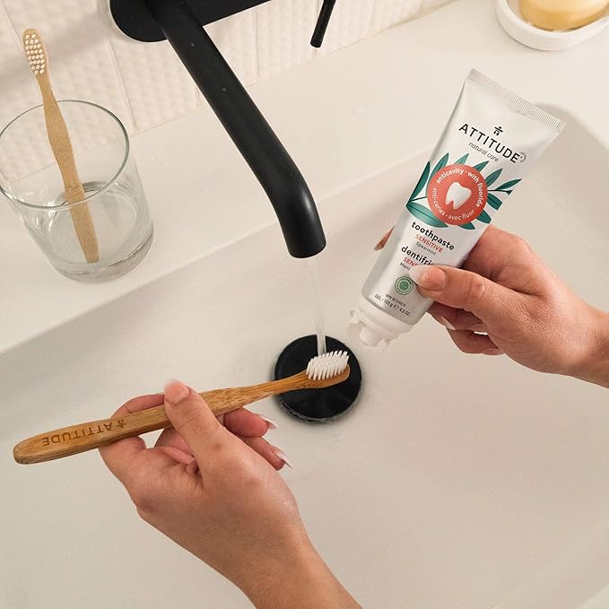 ATTITUDE Toothpaste with Fluoride, Prevents Tooth Decay and Cavities, Vegan, Cruelty-Free and Sugar-Free, Sensitive, Spearmint, 4.2 Oz (Pack of 2)