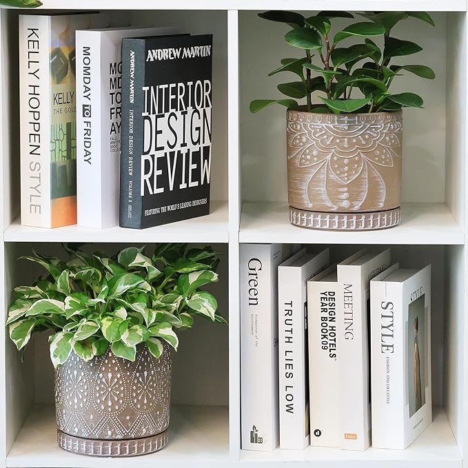 6 Inch Indoor Plant Pots with Drainage Holes and Saucers, Ceramic Planter for Plants, Flower Pot - Set of 2