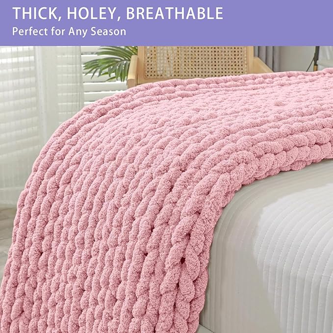 Bigacogo Chunky Knit Throw Blanket for Couch, 51x63 inches, 100% Hand Knitted with Thick Jumbo Chenille Yarn, Cozy Soft Large Rope Knot Cable Crochet Blankets for Sofa Bed Living Room, Blush Pink