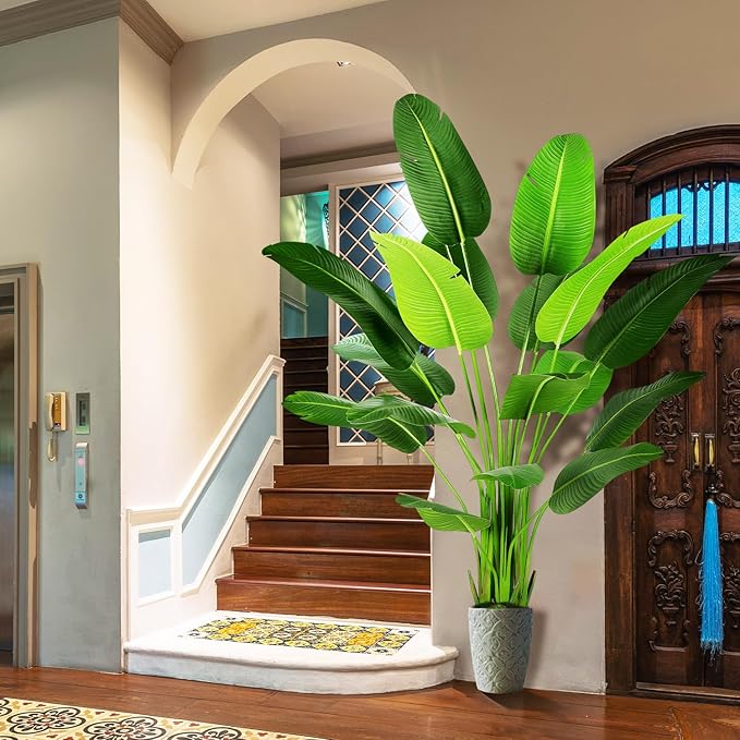 7.2ft Artificial Silk Bird of Paradise Palm Tree (85in) with 17 Trunks Faux Tree and Plastic Nursery Pot, Fake Plant for Office House Farmhouse Living Room Home Decor (Indoor/Outdoor)