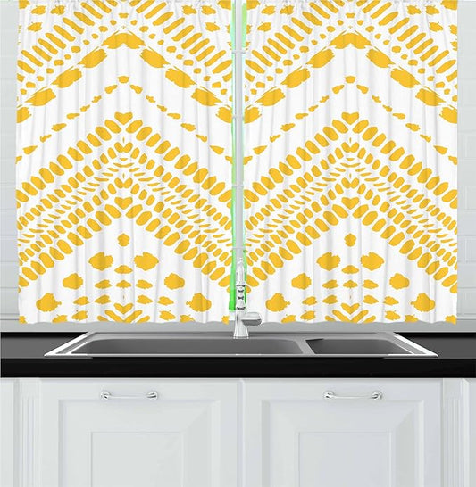 Ambesonne Yellow Chevron Kitchen Curtains, Hand Drawn Aztec Pattern Motif with Dashed Lines, Window Drapes 2 Panel Set for Kitchen Cafe Decor, 55" x 24", Mustard White