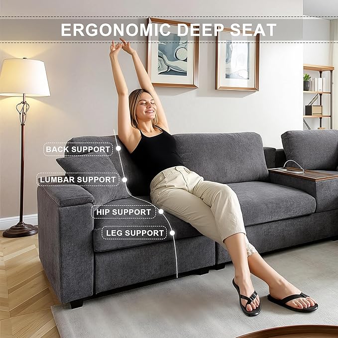 120.3" Modern L-Shaped Sectional Sofa with 360°Swivel Drop-Down Table, Storage Armrest, USB Ports & Movable Storage Ottoman – Plush Linen Cloud Couch for Lounge (Grey)