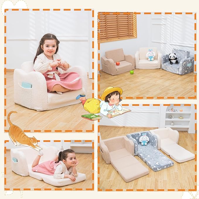 Baby Toddler Sofa Couch for Kids Foldable 2-in-1 Sherpa Fold Out Couch Bed for Playroom, Pull Out Children Convertible Sofa to Lounger Sleeper Chair for Boys & Girls with Double Pockets - Pink