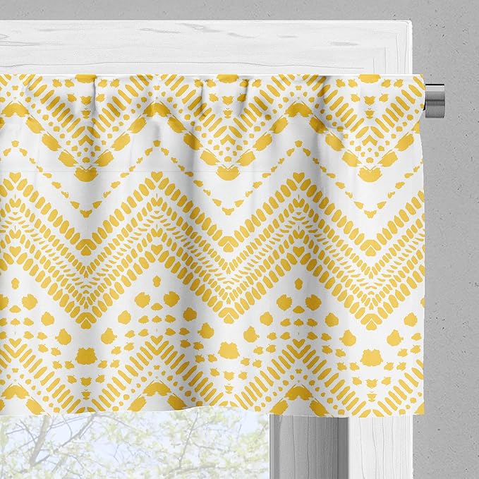 Ambesonne Yellow Chevron Valance & Tier Curtain 3 pcs Set, Hand Drawn Aztec Pattern Primitive Clan Motif with Dashed Lines Artwork, Window Treatments for Kitchen Room Decor, 55" x 36", Mustard White