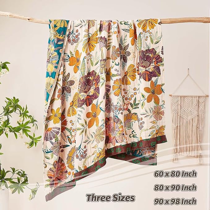 Boho Throw Blanket, 100% Cotton Ultra Soft Luxury Throw Rustic Quilt, 60"x80" Floral Printed Farmhouse Decor Bed Summer Blankets, All Season Rustic Reversible Bohemian Throw for Bed - White