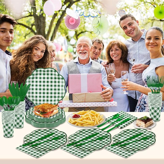 175 Pcs Green Gingham Plates and Napkins Party Supplies - Green and White Checkered Plates Sets Serve 25 Guests - Scalloped Gingham Paper Plate for Birthday Picnic BBQ Golf Party Decorations