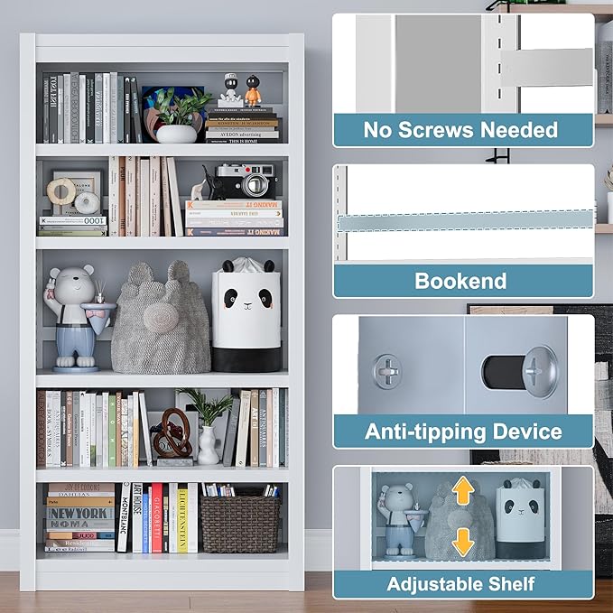 Bookshelf, 5-Tier Sturdy Bookcase, Adjustable Book Shelf, Large Capacity per Shelf, Modern Book Shelf for Living Room, Home Office, Garage, Ideal for Home Organization & Stylish Upgrades