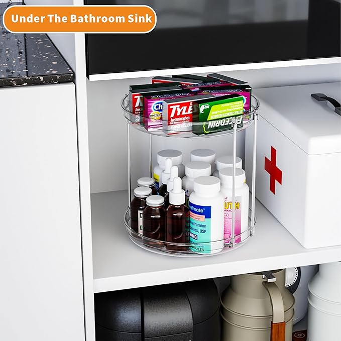 2 Tier Lazy Susan Turntable for Cabinet,Countertop,Pantry,9.5"W Spinning Seasoning Organizer,Double Rotating Kitchen Spice Rack Organizer and Condiments,Medicine,Vitamin Bottle Organizer Carousels,2Pc