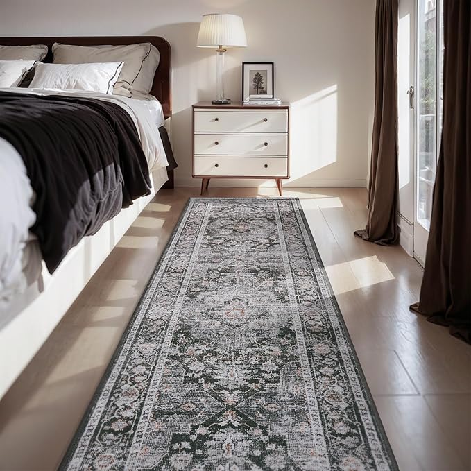 AMOAMI-2X6 Runner Rug-Washable Runners for Hallways-Soft Non Slip Bedside Rugs for Bedroom-Vintage Long Rug for Hallways Entryway Laundry Room Stair Kitchen Bathroom Dark Grey & Black