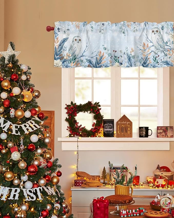 Blue Christmas Valance Curtains for Kitchen Windows Winter Snowy Owl Poinsettia Eucalyptus Leaves Rod Pocket Window Treatment Toppers for Kitchen/Living Room/Bedroom/Bathroom, 42" X 12",