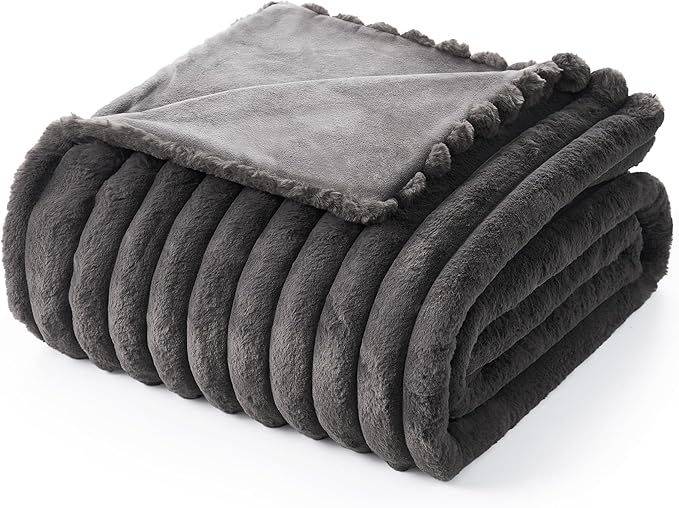 Amélie Home Faux Fur Throw Blanket for Couch, Cozy Fuzzy Fluffy Fur Luxurious Soft Striped Plush Gift Blankets for Family Sofa Chair Bed Living Room Bedroom, 60"x80", Charcoal Grey
