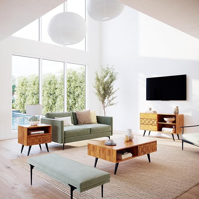 Bme Georgina Solid Wood Nightstand With 1 Drawer & Open Shelf- Fully Assembled Mid Century Modern Side Table - Geometric Pattern Bedside Dresser for Bedroom and Living Room