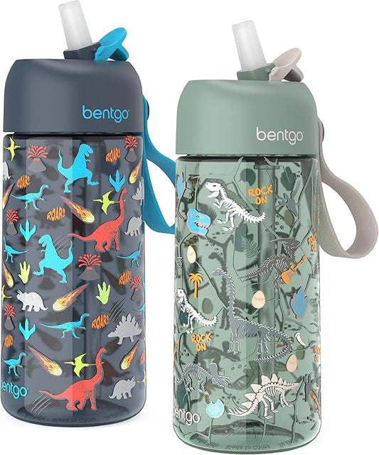 Bentgo Kids Water Bottle 2-Pack - Leak-Proof, Durable Tritan™, BPA-Free 15 oz Cup for Kids/Toddlers 3+; Flip-Up Straw; Dishwasher Safe for School/Sports/Daycare/Camp (Dinosaur/Dino Fossils)