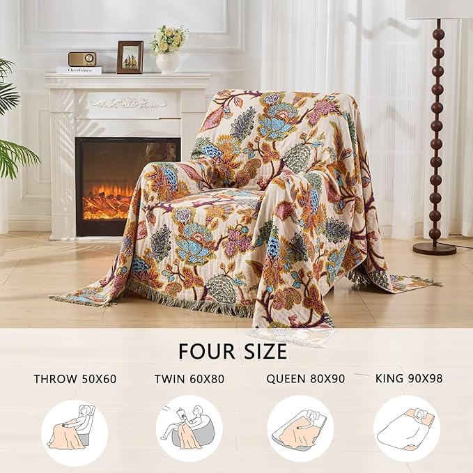 100% Cotton Summer Boho Throw Blanket, King Size Living Room Reversible Blanket, Boho Floral Bird Colorful Retro Quilt Ultra Soft Reversible Gauze Blanket for All Season, 90"x98"