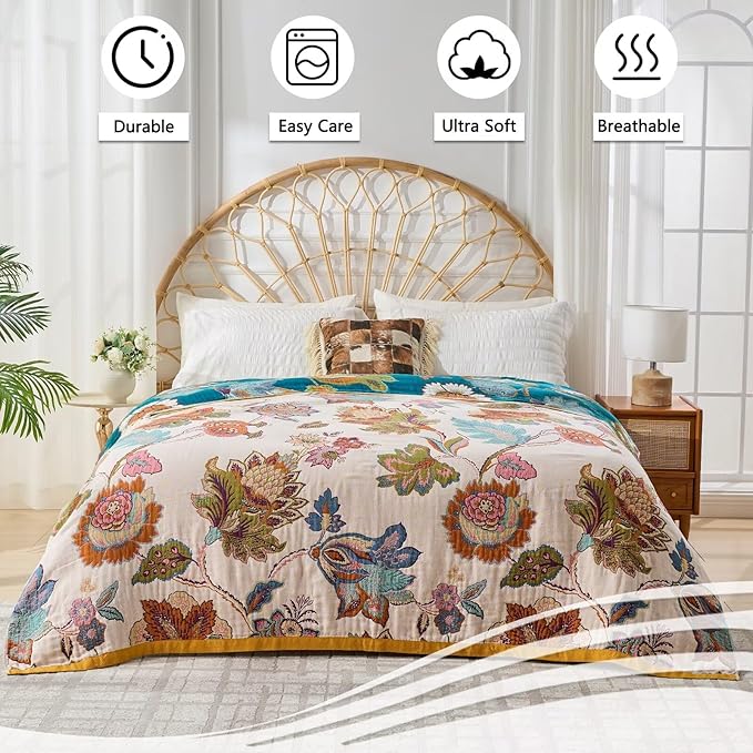 Boho Throw Blanket for Couch,100% Cotton Summer Blanket for Bed, Ultra Soft Rustic Quilt for Bed, Home Decor, Boho Picnic Blankets with Pomegranate for All Seasons 60"x80"