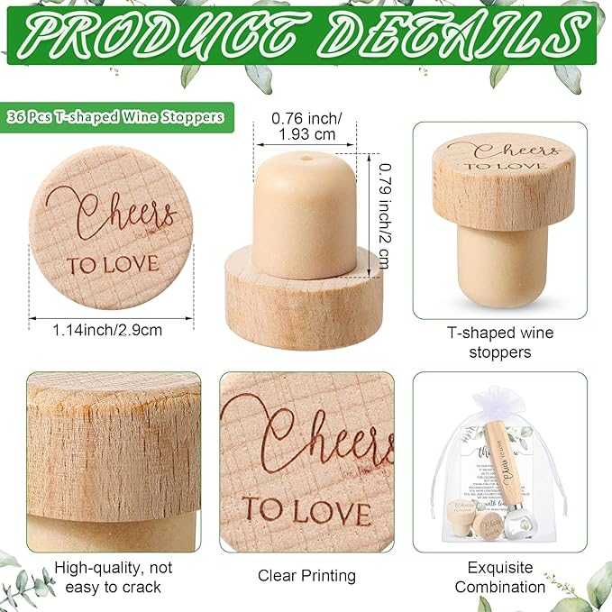 Barydat 36 Sets Wedding Favors Bulk for Guests Wine Corks Wooden Stopper Beer Bottle Opener Wedding Thank You Gift Card Organza Bag Wedding Appreciation Gifts for Bridal Shower