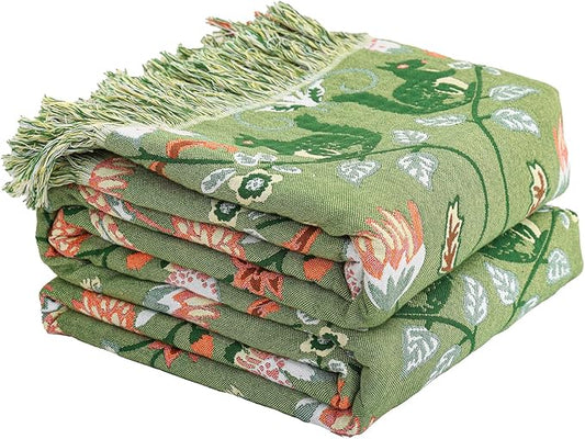 Boho Ultra Soft Throw Blanket 60''x80',100% Cotton Blankets for Couch Bed,Squirrel Farmhouse Home Decor Bed Blankets, All Season Rustic Reversible Bohemian Lightweight Throw for Bed -Light Green ﻿