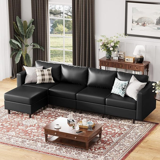 118.5" Faux Leather Modular Sectional Sofa, L Shaped Couch Set for Living Room, 5-Seater Comfy Cloud Couches with Movable Storage Ottoman,DIY Combination - Black