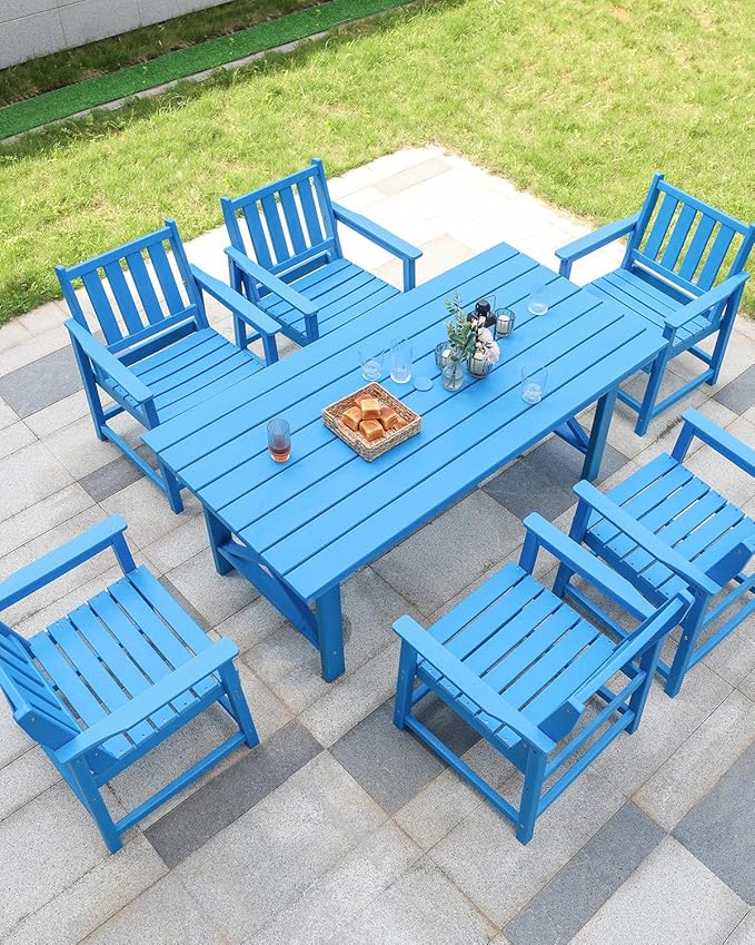 7 Pieces HDPE Outdoor Dining Set, Patio Dining Set with Umbrella Hole, All Weather Outdoor Dining Table Sets for 6, HDPE Patio Furniture Sets for Deck, Backyard, Lawn, and Poolside, Sky Blue